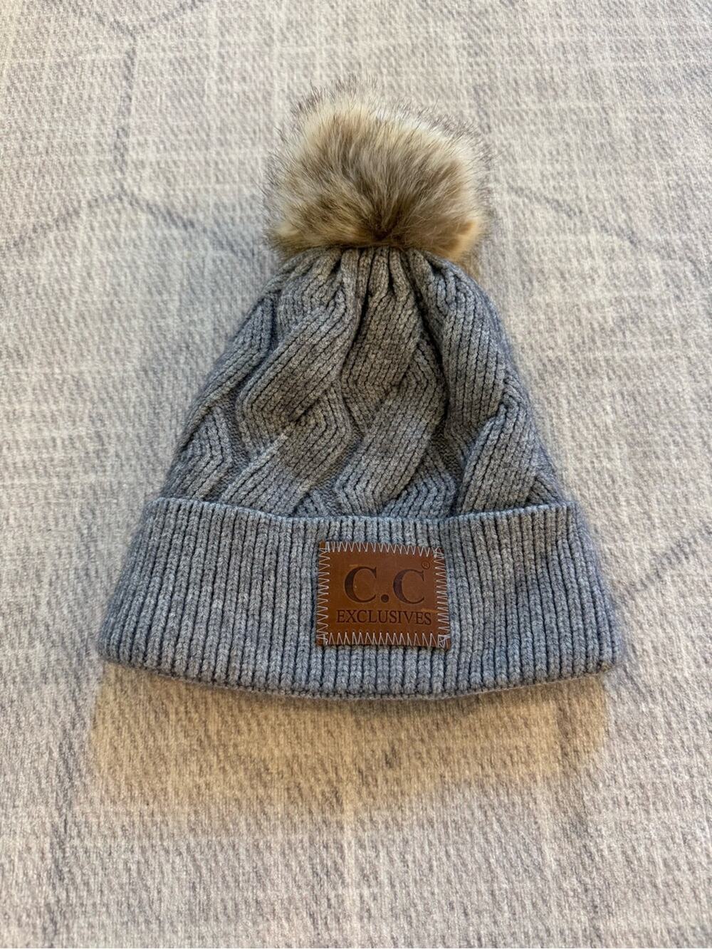 CC Exclusive Beanie with Pom Gray Pom Pom Knit Beanie